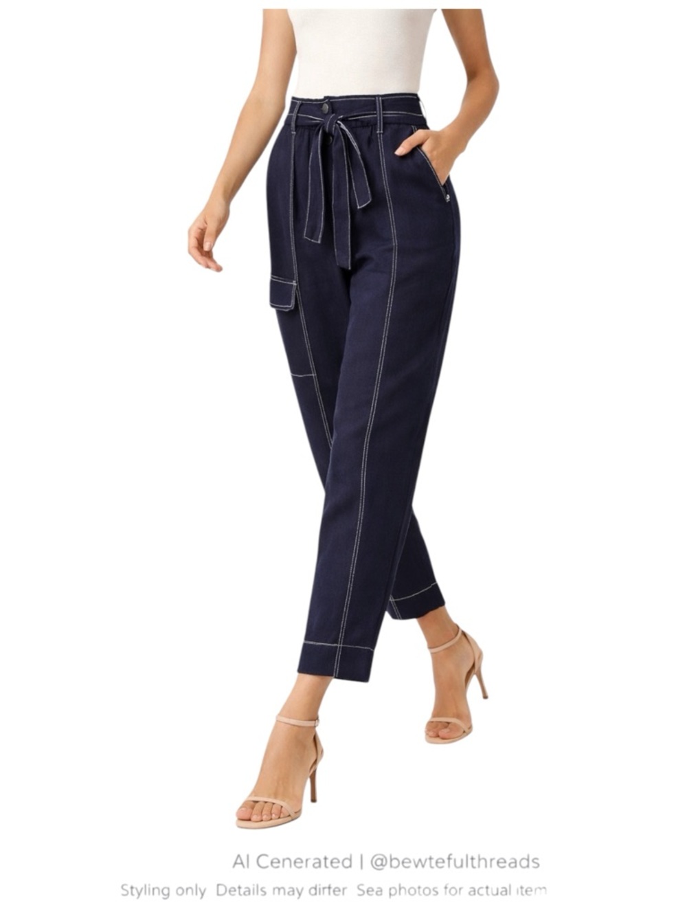 Navy Linen High Rise Tie Waist Cargo Pants Minimalist Utility Chic